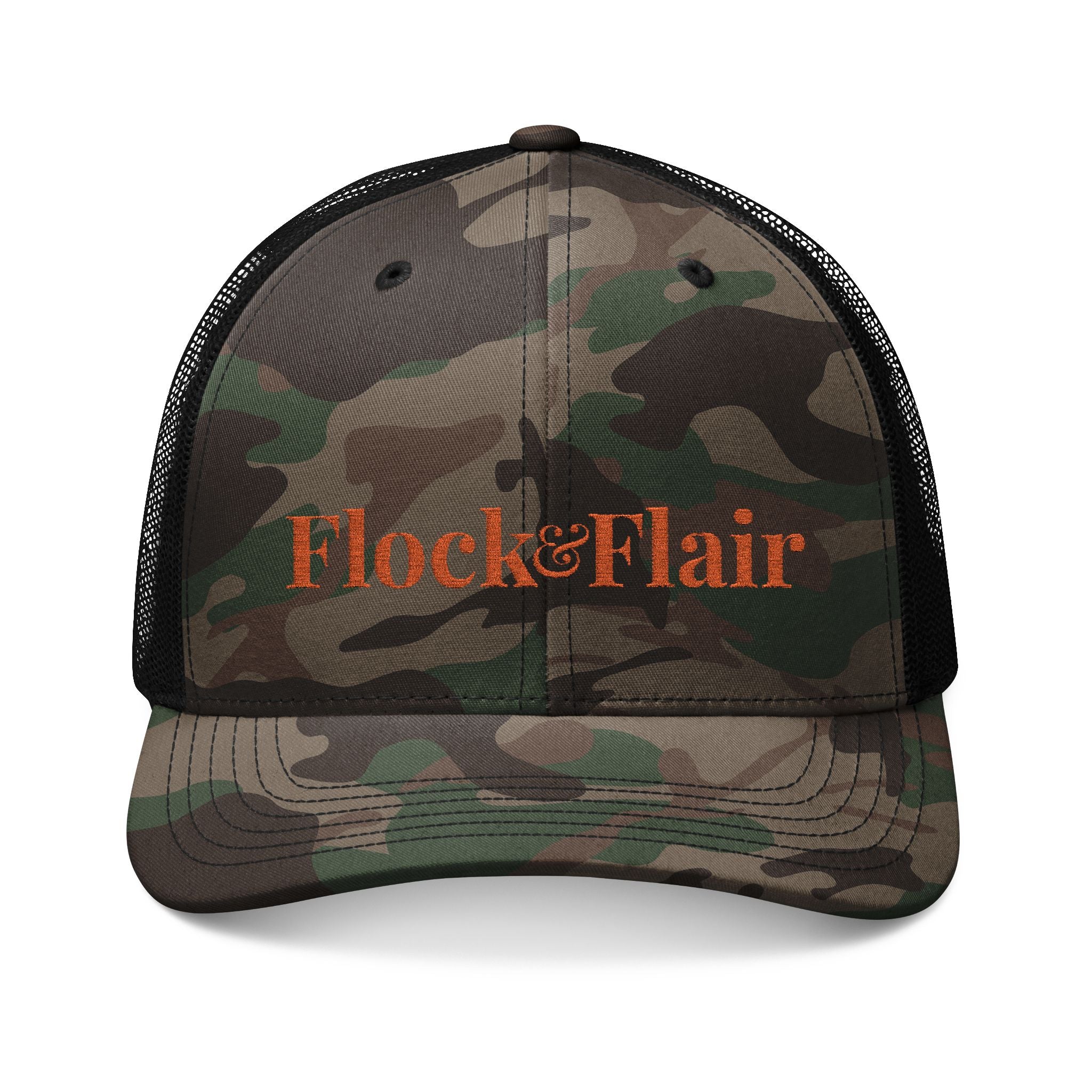 Camouflage Trucker Hat — Embroidered "Flock&Flair" Camo Mesh Cap