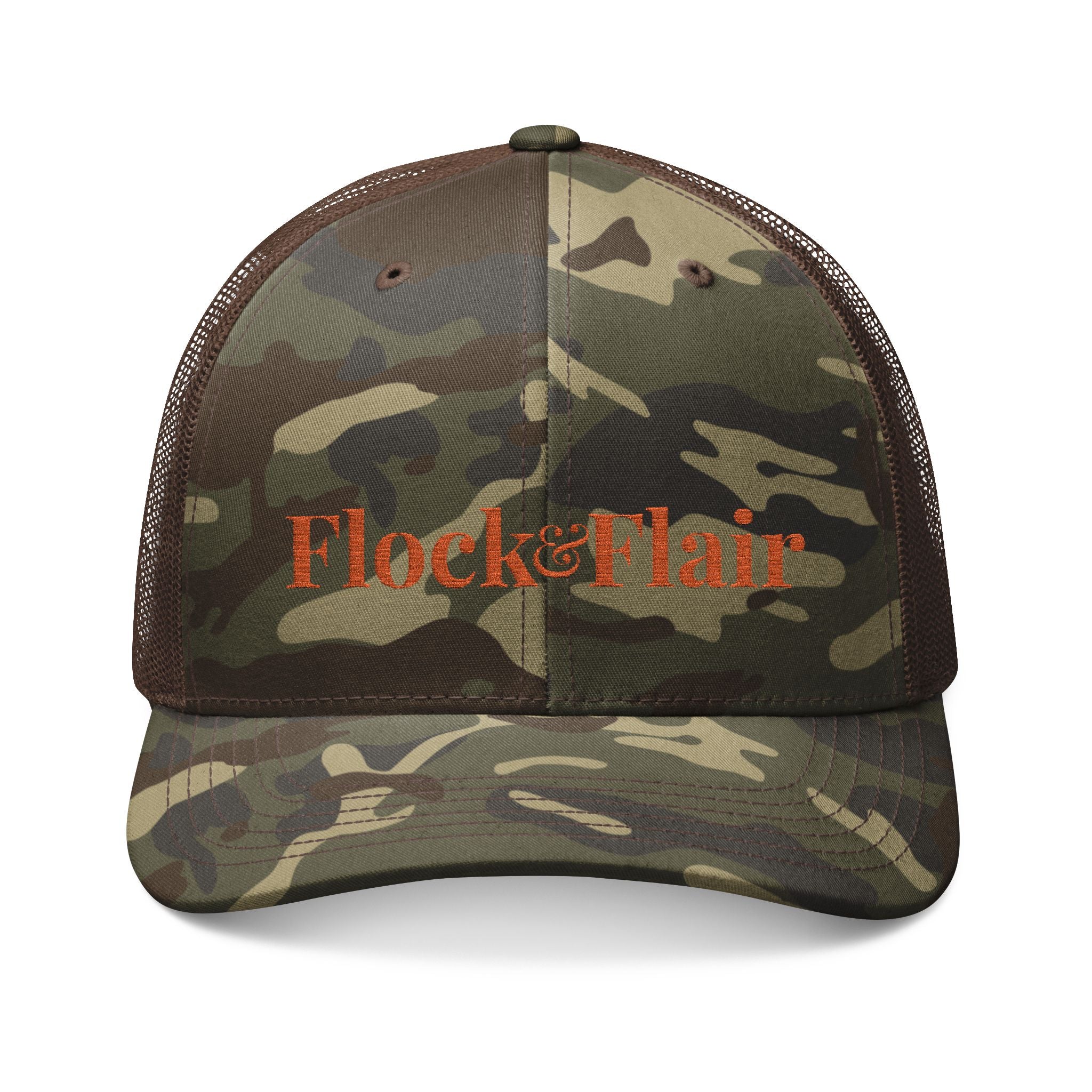 Camouflage Trucker Hat — Embroidered "Flock&Flair" Camo Mesh Cap